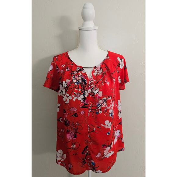 Apt. 9 Red Floral Short Sleeve Blouse - Picture 1 of 6